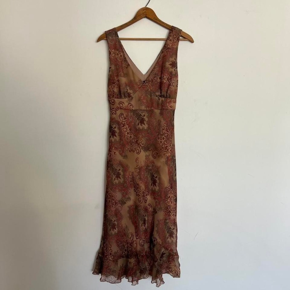 Vintage Y2K 90s Orange Brown Paisley Midi Dress with Sheer Ruffle Hem M Fairy - Picture 4 of 8